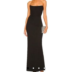 Black strapless gown with slit and built in corset/boning by X Revolve in XS.